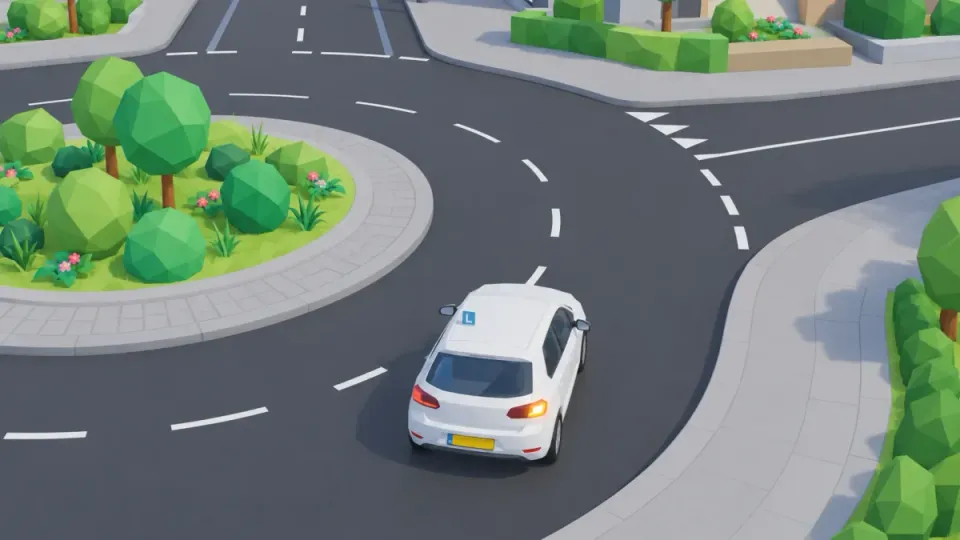 Learner car leaving the roundabout with its right indicator on