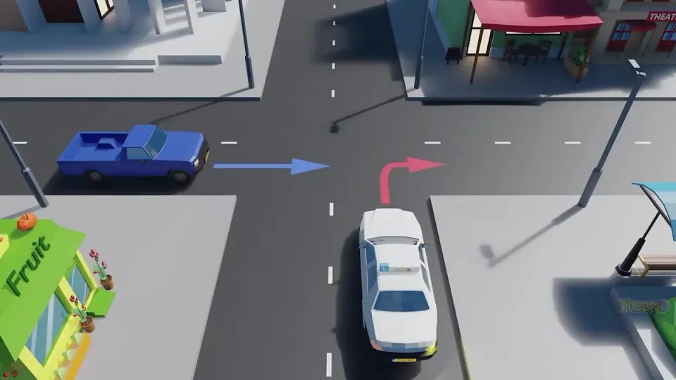 The blue pick-up goes straight on, but the learner car comes from the right out of another road and goes first.
