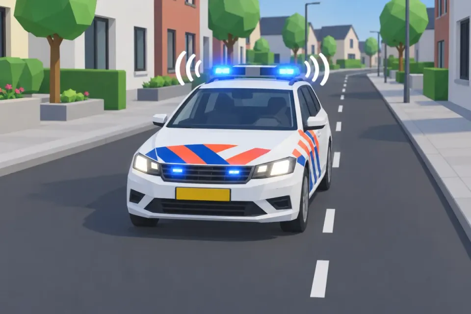 Police car with blue flashing lights and siren