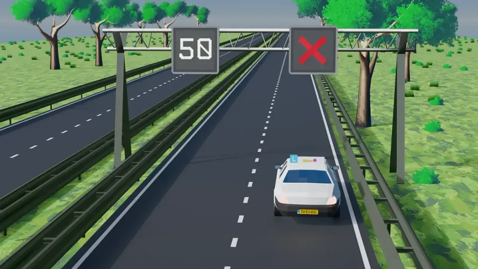 Rood kruis boven de rijstrook: deze strook is dicht. Ga op tijd en rustig naar een andere strook.