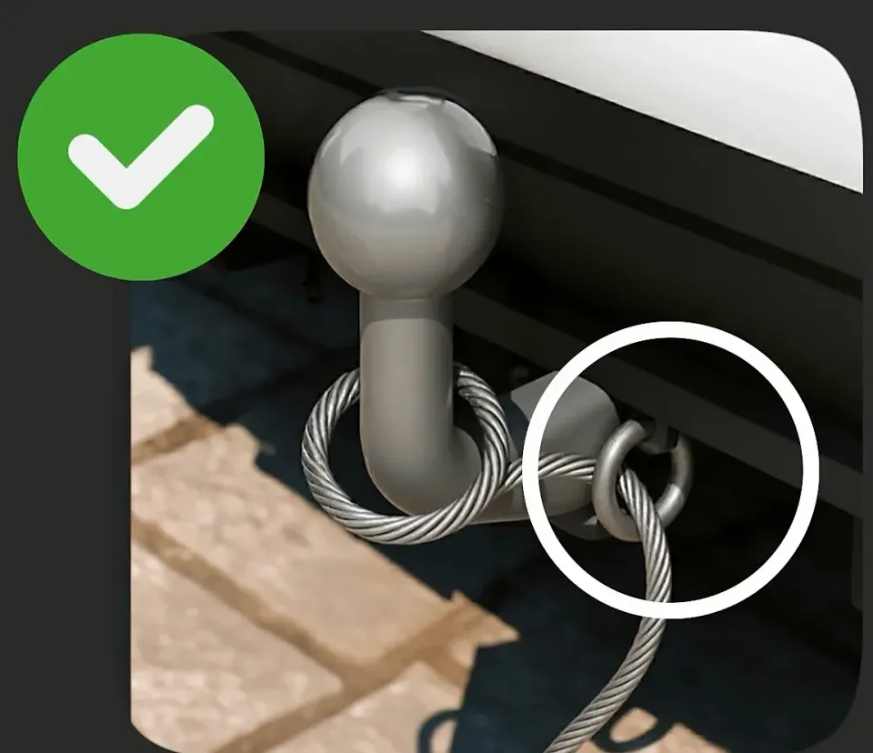 Right: the breakaway cable is hooked onto a separate eye