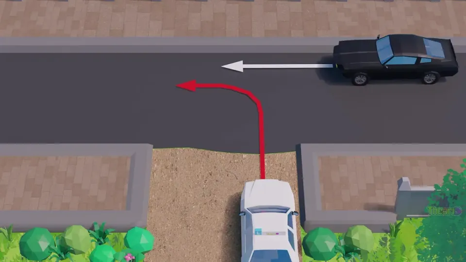 The learner car comes from the sand track and wants to turn left. The black car on the paved road goes first.