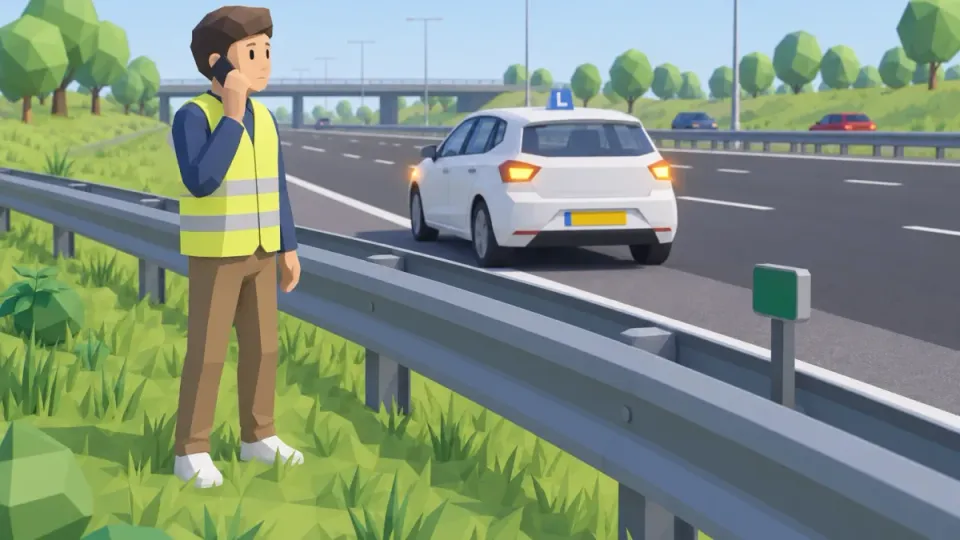 Someone in a vest makes a call behind the crash barrier, next to a hectometre sign.