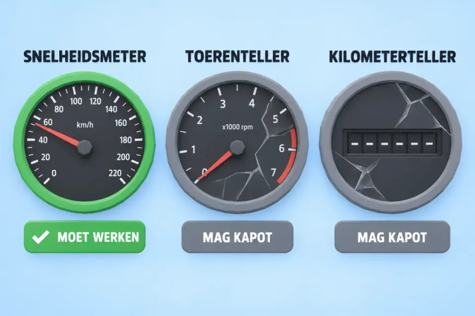 Snelheidsmeter moet werken, toerenteller en kilometerteller mogen kapot zijn