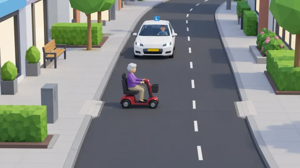 A learner car waits for someone in a mobility scooter who is crossing.