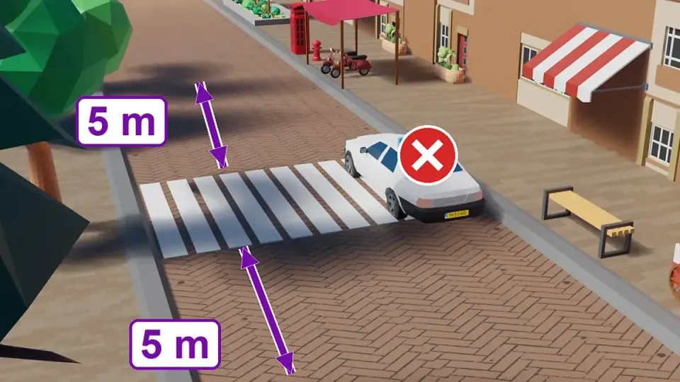 Learner car on a zebra crossing, with 5 metres before and after it marked