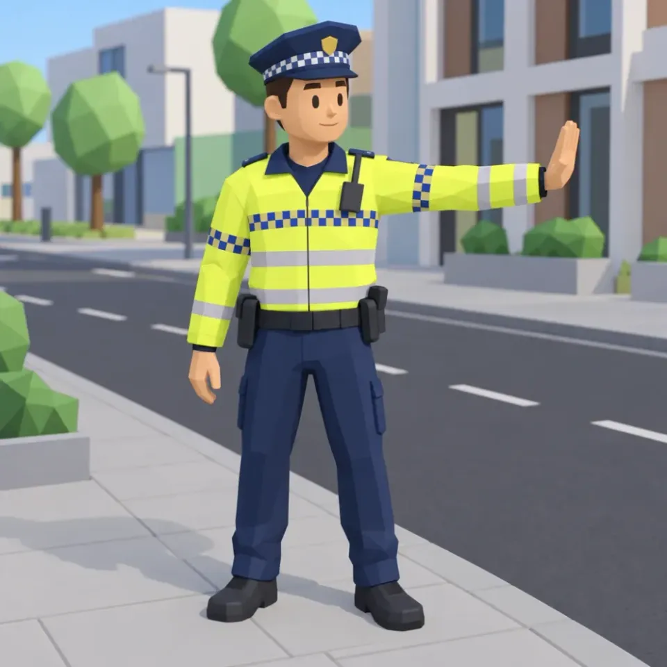 Police officer in uniform with a yellow reflective jacket, arm out to the side