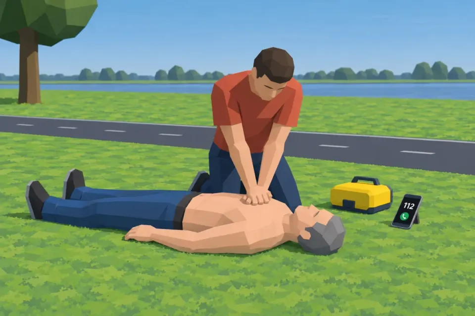 No normal breathing? Start CPR straight away, have an AED fetched and follow the operator.