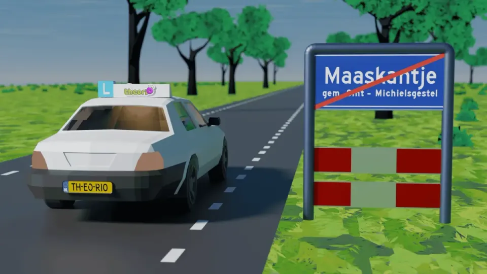 Learner car passing a place-name sign with a red line out of the built-up area