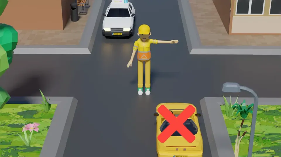 The learner car approaches from the front. The sideways arm gives a stop signal for this direction.