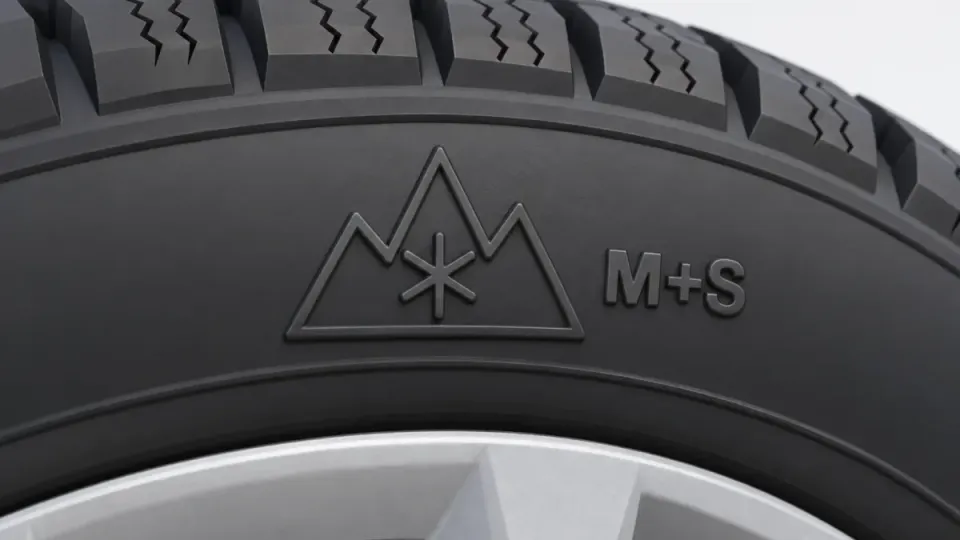 Sidewall of a winter tyre with the 3PMSF symbol: a mountain with three peaks and a snowflake, with M+S next to it.