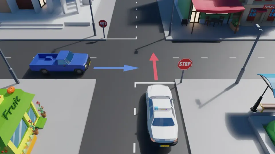 The learner car is at a stop sign; a blue pick-up drives on the crossing road from the left