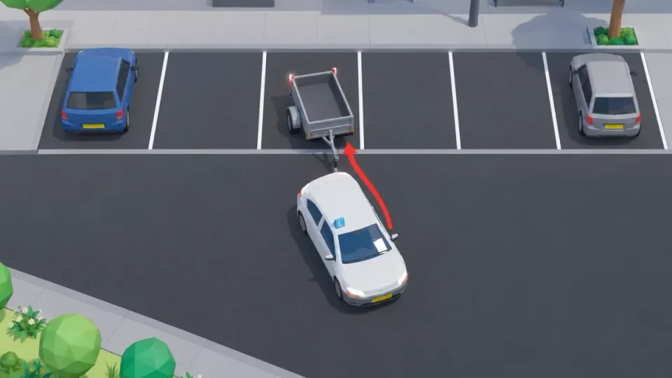 A car reverses a trailer into a parking space. The car is at an angle on the street; the trailer goes into the space rear first.