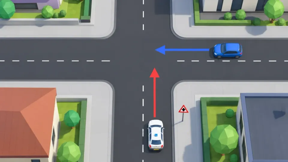 Sign J8 only warns. There are no shark teeth, so the right goes first: the blue car comes from the right and goes first. The learner car waits.