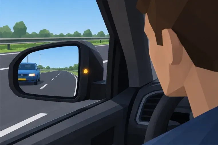 The orange light in the mirror warns about the blue car. Do not change lanes while there is no space.