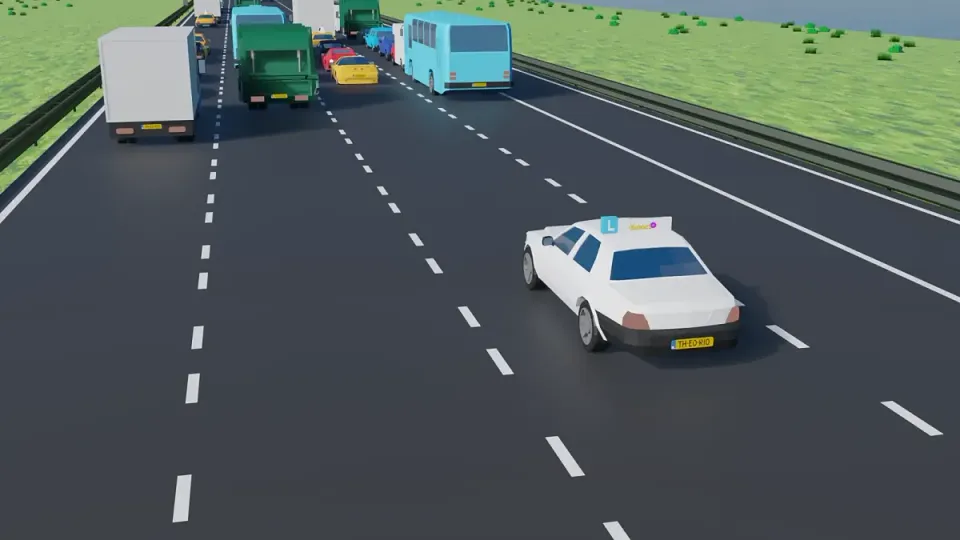 File op de linker rijstroken, de lesauto rijdt rechts langs de stilstaande file
