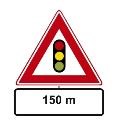 Sign J32 traffic lights with the sub-sign 150 m