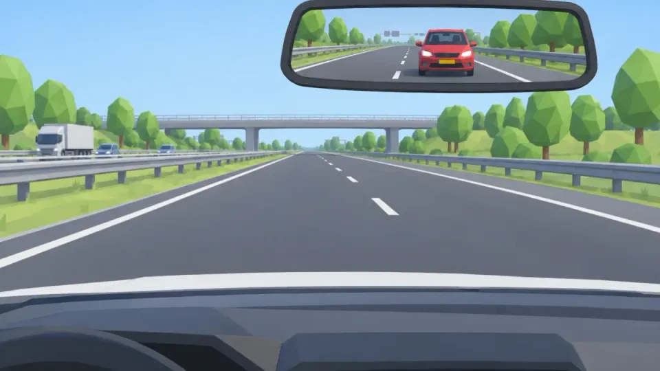 From the learner car in the left lane: the rear-view mirror shows the whole front of the overtaken red car, with both headlights.