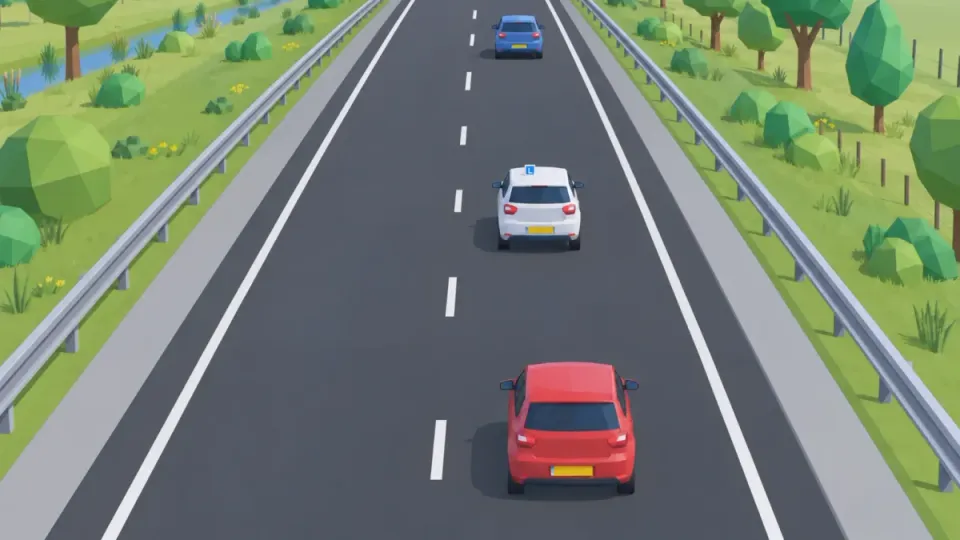 Three cars drive at the same speed, with large, equal gaps between them. That way you hardly need to brake or speed up.