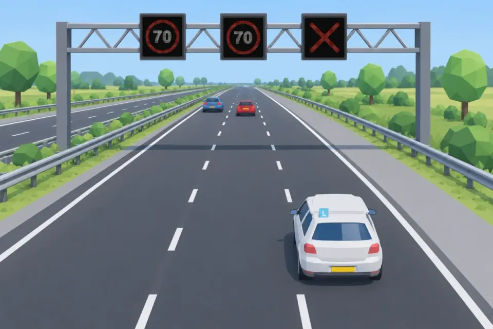 Gantry over the motorway showing 70, 70 and a red cross above the right lane; the learner car drives in the right lane