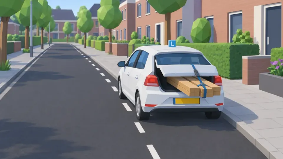 Planks sticking out a little from the boot, tied down with a strap; number plate and rear lights stay visible