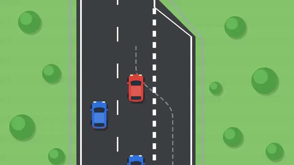 Animation: a learner car builds up speed on the slip road, switches on its left indicator, checks the mirror and over the shoulder, and merges into a gap between two cars in the right lane, well before the end of the slip road.