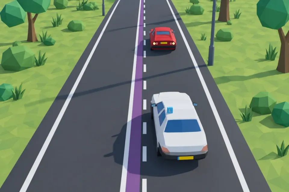 Purple with a broken line on the learner car’s side and a solid line on the other side
