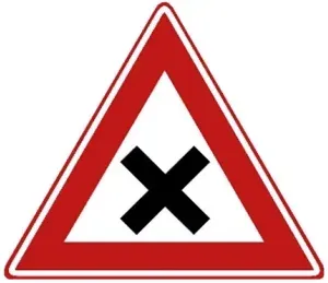 Sign J8: dangerous junction. It only warns and does not decide priority.