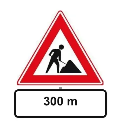 Sign J16 road works with the sub-sign 300 m