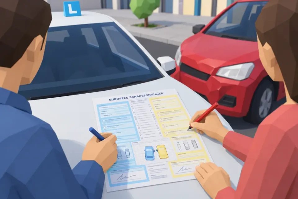 Together you fill in the European accident statement: a blue half for vehicle A, a yellow half for vehicle B.