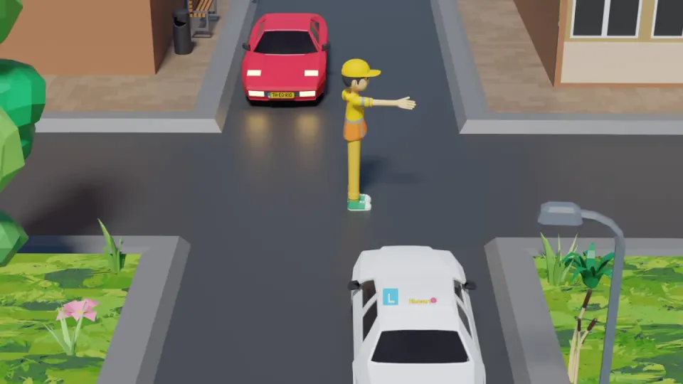 A traffic controller at the junction holds one arm out; the learner car comes from below