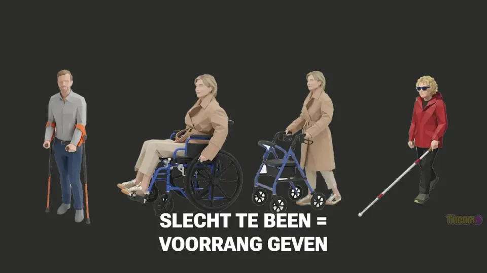 A white cane with red rings, crutches, a walking frame or visible walking difficulty calls for slowing down early and making room.