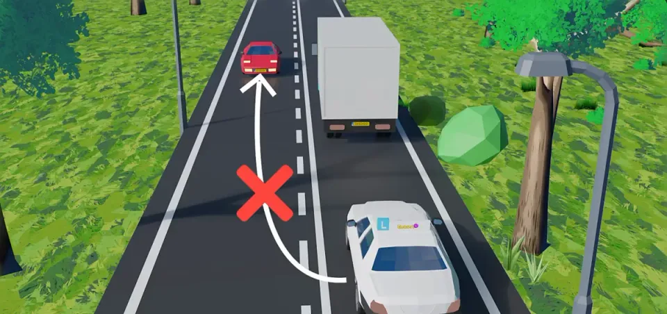 The learner car may not cross the solid centre line to overtake the lorry.