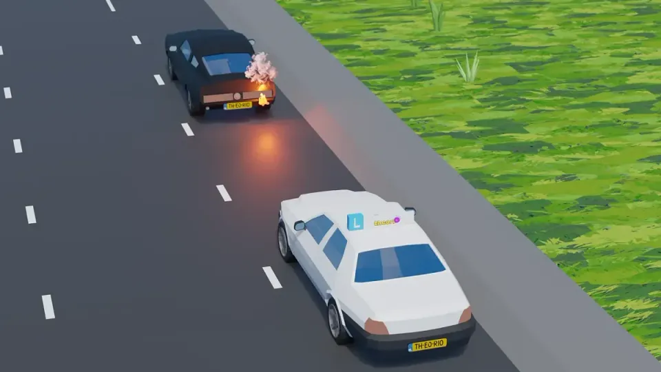 De uitlaat van de auto voor je staat in brand. Een kort signaal mag om voor dit gevaar te waarschuwen.