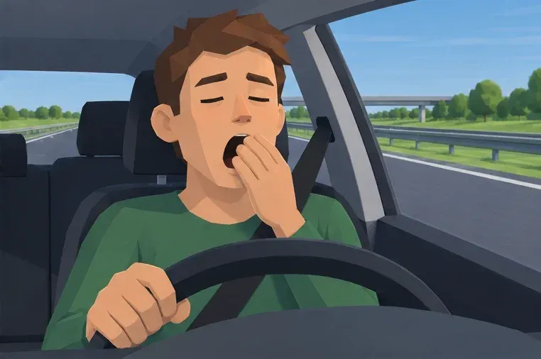 The driver yawns with closed eyes. This is dangerous tiredness while driving.