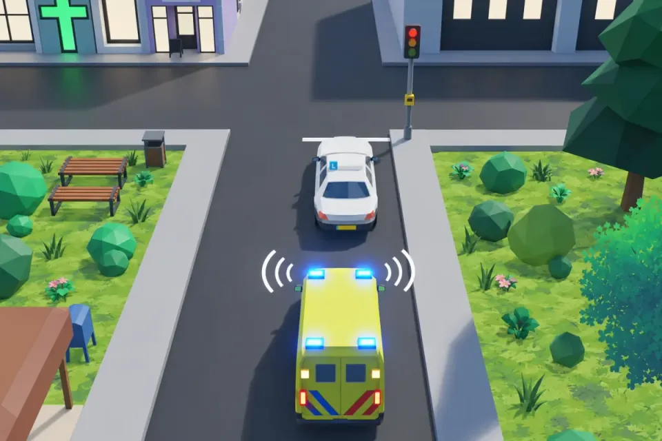 The learner car waits at the red light. The ambulance finds its own way past.