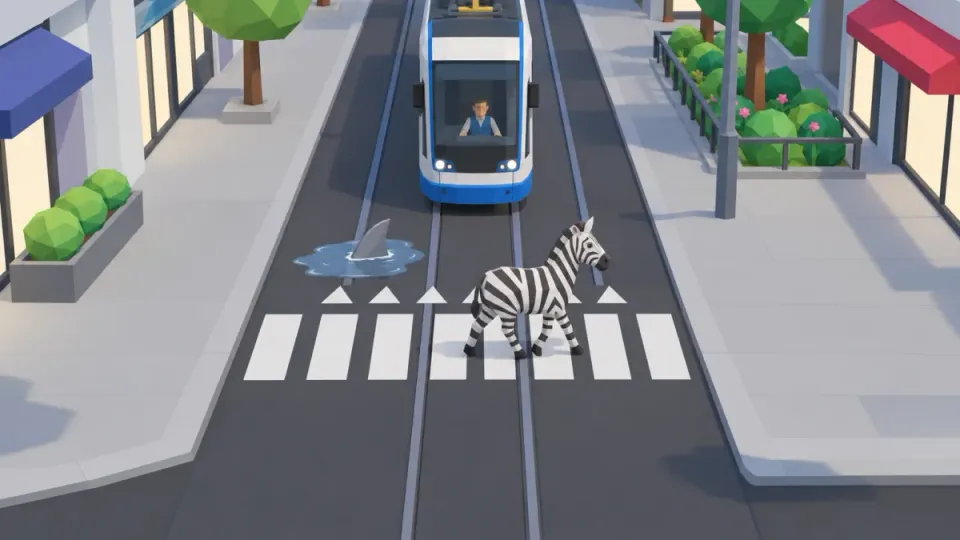 Memory aid: the tram always goes first. It is only afraid of sharks and zebras: shark teeth and pedestrians on a zebra crossing.