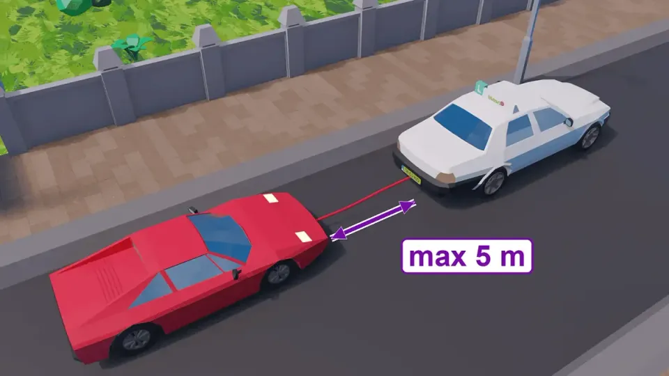 When towing, keep at most 5 metres between the cars. The driver of the towed car also needs a valid licence.