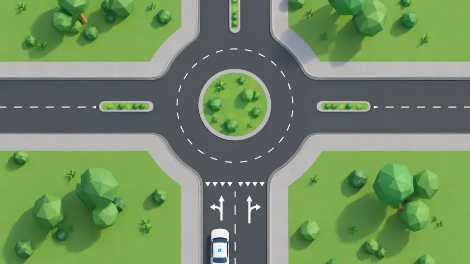 Two lanes approaching a roundabout: left lane arrows straight on and left, right lane arrows straight on and right; the learner car is in the left lane