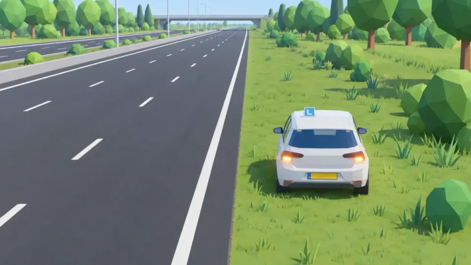 A car with hazard lights on has stopped on the verge, far from the carriageway.