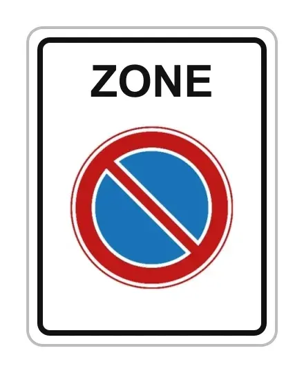 Wit zonebord met het woord ZONE boven het parkeerverbod E1