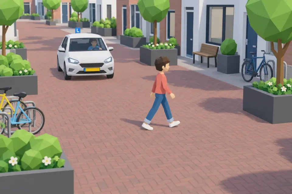 In an erf a pedestrian crosses in front of a slow learner car.