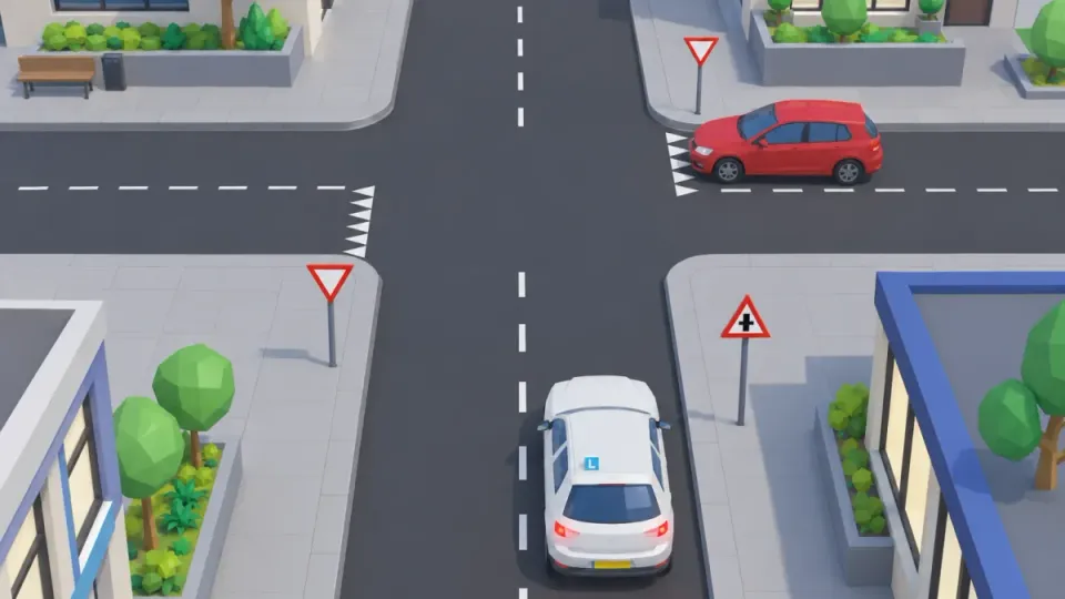 The learner car has priority (sign B3), but the red car in the side road already has its nose on the shark's teeth. The learner car eases off the accelerator and is ready to brake.