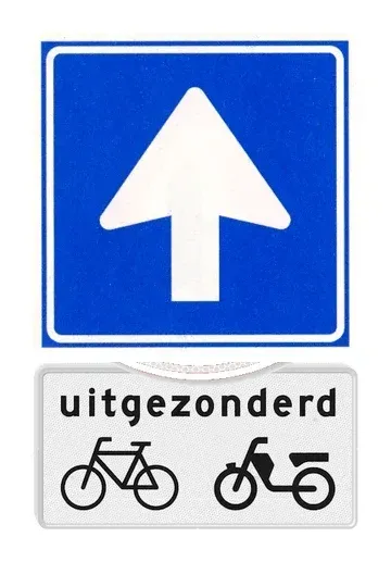 One-way sign C3 with the sub-sign uitgezonderd (except) bicycle and moped