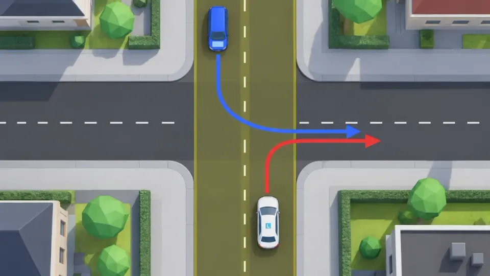 Seen from above: the learner car and the oncoming blue car are on the same road (yellow) and turn into the same street. The learner car makes the short turn (right) and goes first.