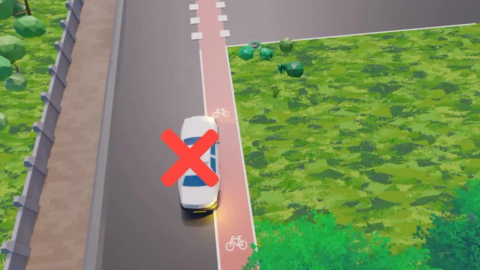 Cycle lane with a solid line and a cross at the car