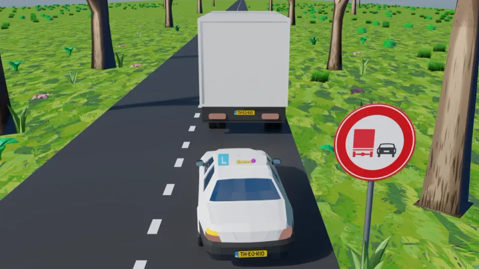The learner car drives behind a lorry. On the right is sign F3 with a red lorry and a black car.
