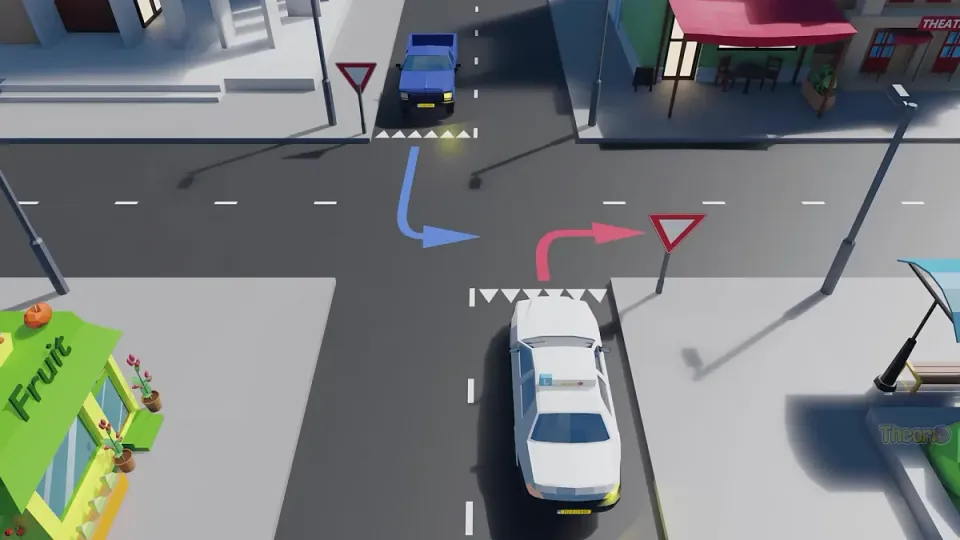 Both oncoming drivers have shark's teeth and first let the crossing road go. Then the learner car (right turn, short turn) goes before the blue pick-up (left turn, long turn).