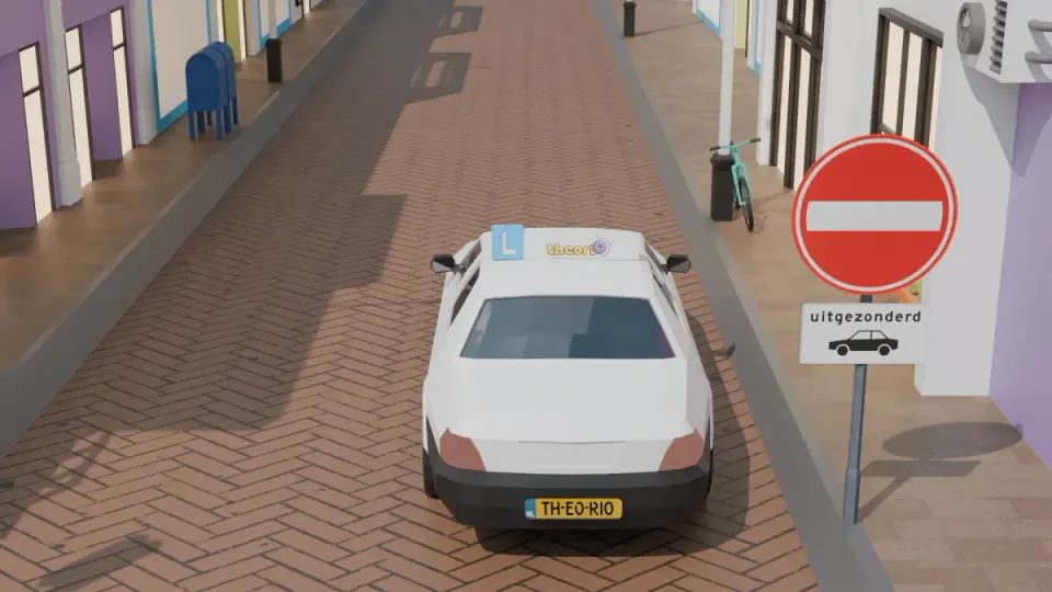 No entry sign with the sub-sign uitgezonderd (except) and a car; the learner car drives into the street
