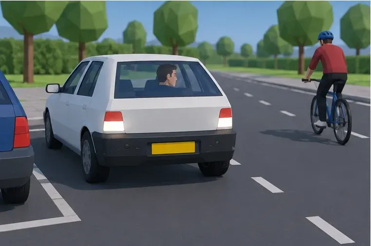 The cyclist approaches from the side towards the space behind the reversing car. Your own observation remains necessary.